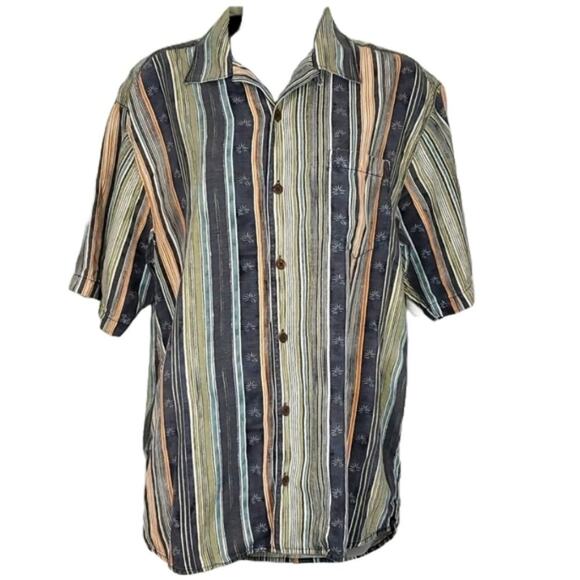 Tommy Bahama 100% Silk Green Blue Vertical Stripe Short Sleeve Button Up SZ M - Picture 1 of 7
